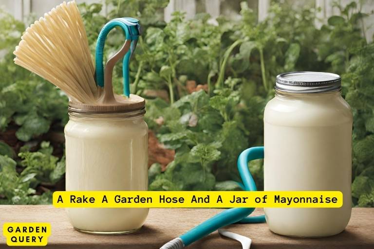 A Rake A Garden Hose And A Jar of Mayonnaise