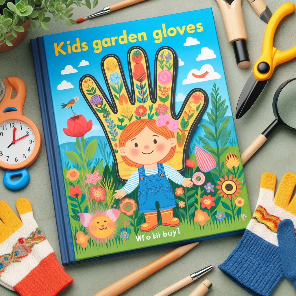 A colorful children's book titled 'Kids Garden Gloves' surrounded by gardening tools and gloves.